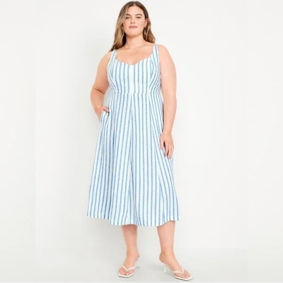Old Navy Fit & Flare Sleeveless Linen Blend Blue White Stripe Midi Dress: L EUC - Picture 6 of 13